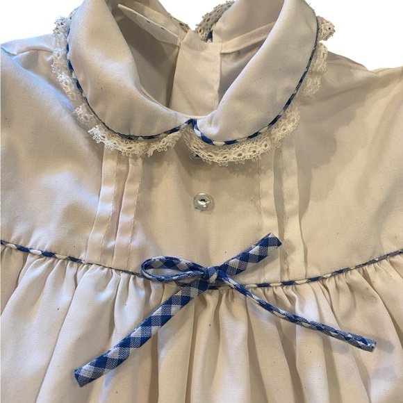 Vintage 70s red white blue & green Floral Embroidered Gingham Baby Dress - Picture 2 of 10